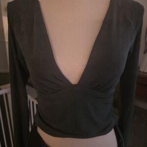 12th Tribe Deep V-Neck Long Sleeve Crop Top - Olive Green